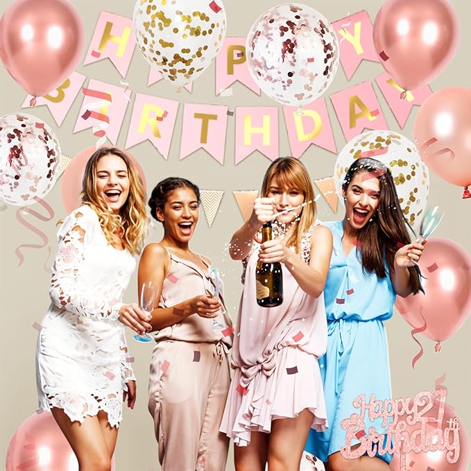 Rose Gold 21st Birthday Decorations, Happy Birthday Party Decorations With 21 Number Balloons Metallic Pearl Gold Rose Balloons Banner Fringe Curtain Cake Topper For Girl Women 21st Party Supplies