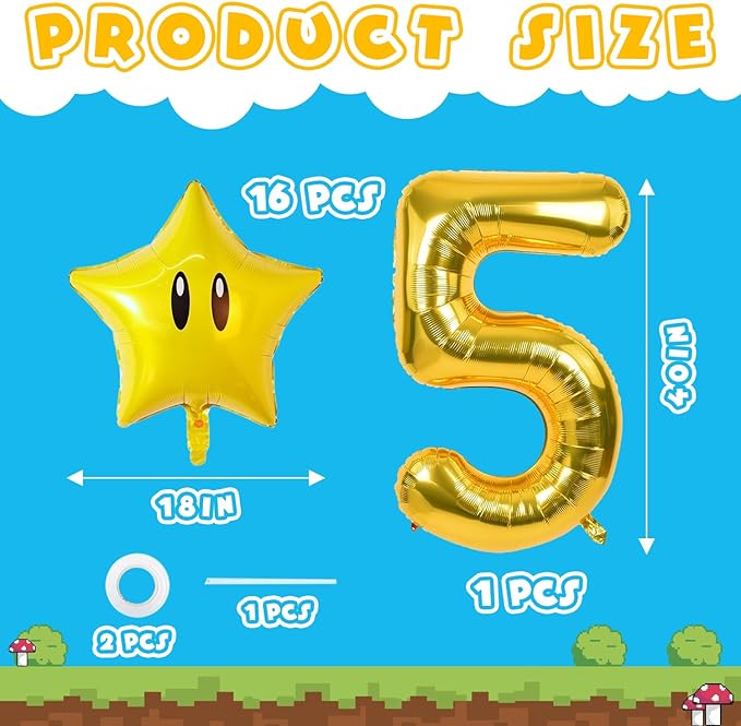 16PCS Foil Star Balloons, 40Inch Number 5 and Star Foil Balloons For Game Theme 5th Birthday Party Decorations Children Party Supply Party Decor （5th）