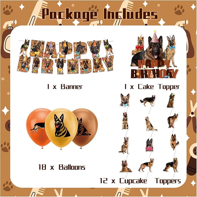 German Shepherd Party Decorations Funny Dog Birthday Party Supplies Includes German Shepherd Birthday Banner, Cake Topper, Cupcake Toppers, Balloons