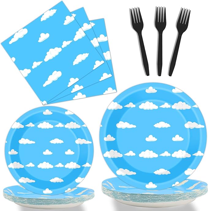 Blue Sky 96 Pc White Clouds Party Plates & Napkins - Cartoon Story Tableware Set - Clouds Theme Decorations & Favors for Girls & Boys Birthday & Baby Shower - Serves 24
