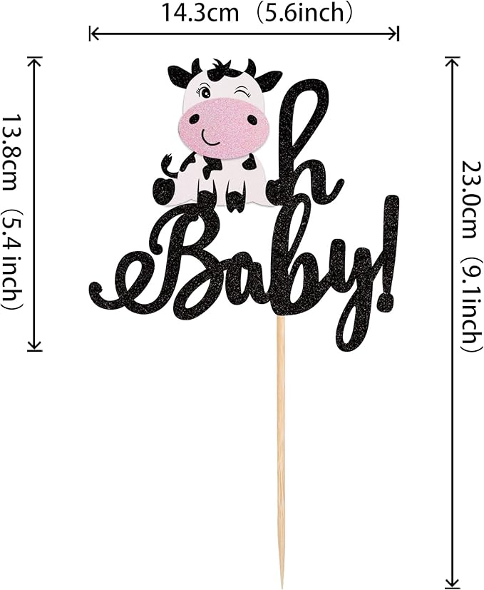 1 PCS Cow Oh Baby Cake Topper Glitter Farm Animals Cake Pick for Gender Reveal Theme Baby Shower Kids Birthday Party Decorations Supplies
