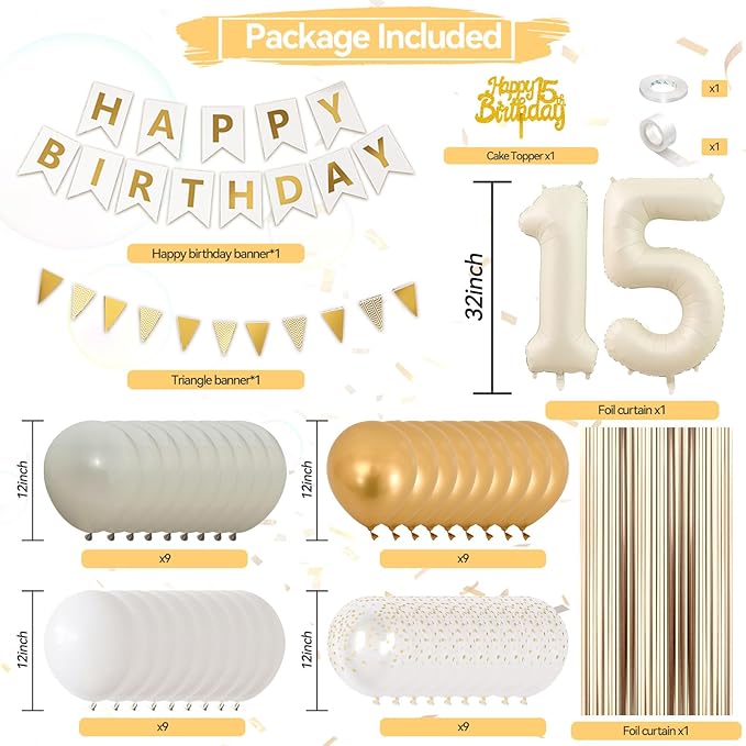 Gold Birthday Party Decorations, Cream White 15th Happy Birthday Decorations With Number 15 Balloons Sand White Latex Balloon Champagne Fringe Curtain Cake Topper Banner For 15th Party Supplies