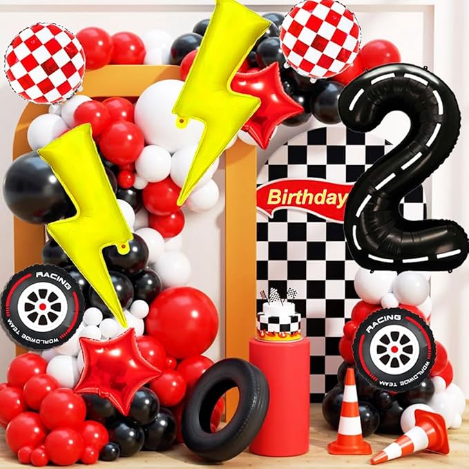 Cartoon Race Car Birthday Party Decorations Large Lightning Bolt Foil Balloon Race Car Balloons 40 Inch Racetrack Number 2 Balloon Black Two Fast Balloons for 2nd Cars Themed Birthday Party Decor