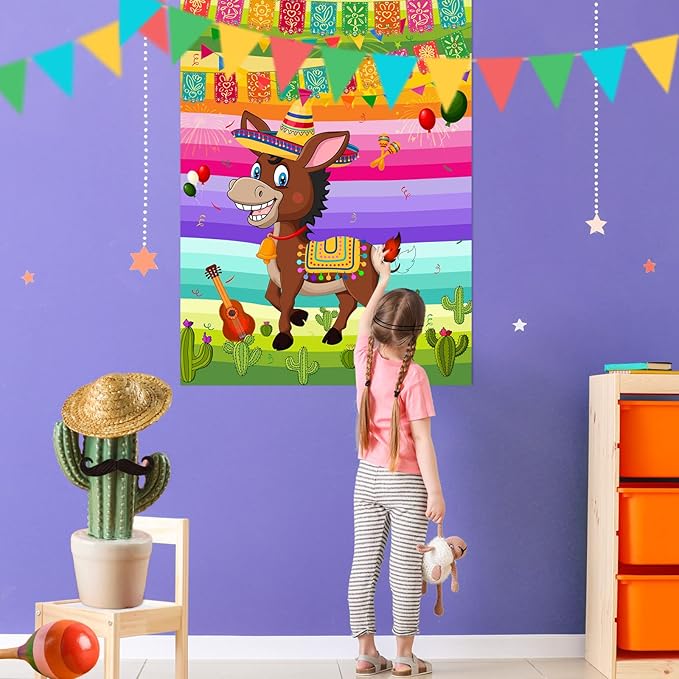 ASTARON Pin The Tail on The Donkey Mexican Donkey Game with 24pcs Tail Stickers for Cinco De Mayo Party, Mexican Party Fiesta Themed Party, Kids Birthday Supplies