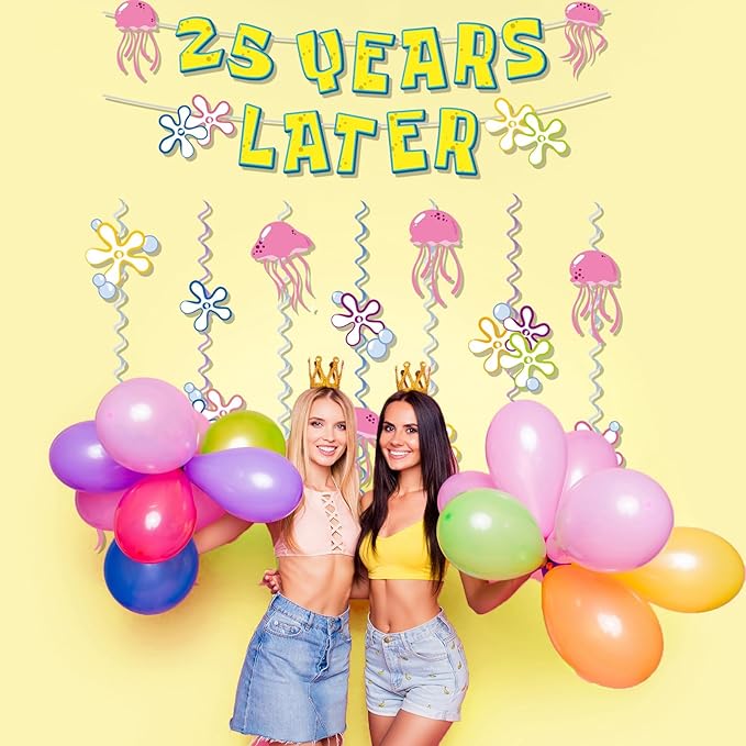 25 Years Later Birthday Banner Carton Sponge Banner Jelly Fish Hanging Swirls Garlands Sea Animals Hanging Banner for Birthday Party Decorations Supplies Party Favors