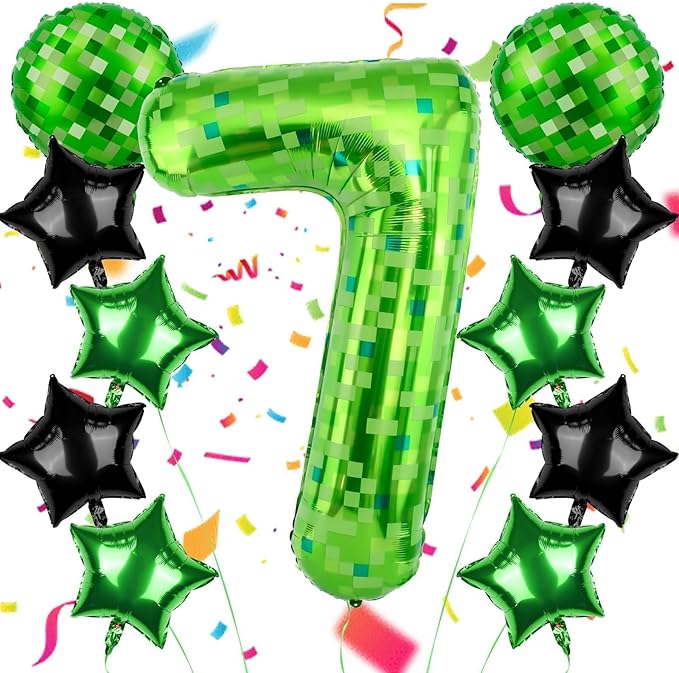 40 Inch Green Pixel Themed Number 7 Balloon Set Foil Balloon for Girls & Boys Birthday Party Decorations, Party Supplies & Favors (Number 7)