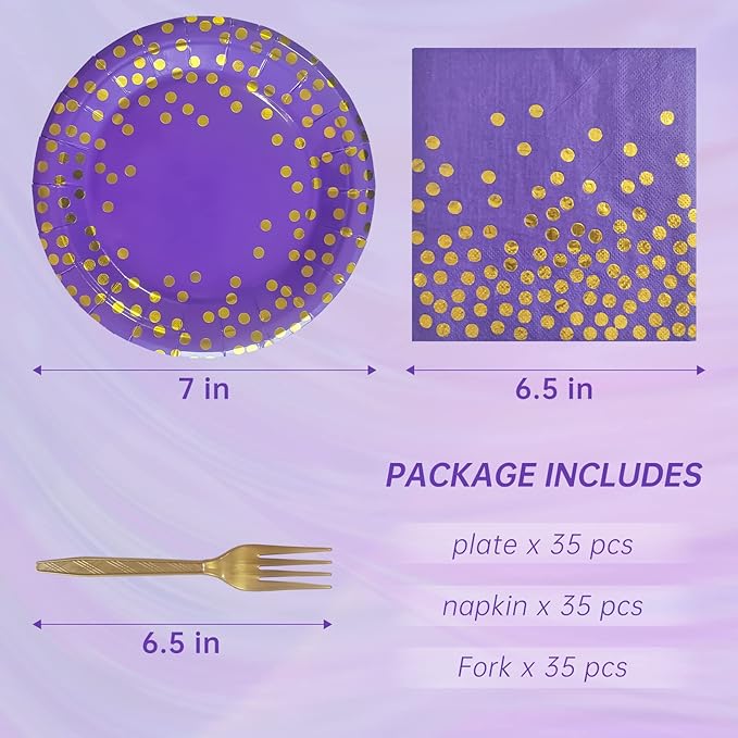 Purple and Gold Party Decorations for 35 Guest 7",Birthday Plates and Napkins Party Supplies,Purple Paper Plates Napkins for Wedding,Graduation