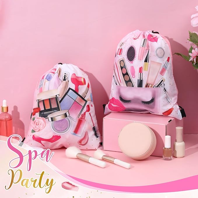 12 Pcs Spa Party Favor Bags Drawstring Backpack Gift Bags for Girls Women Makeup Birthday Party Decorations Salon Baby Shower Spa Decorations, 12 x 10 Inch