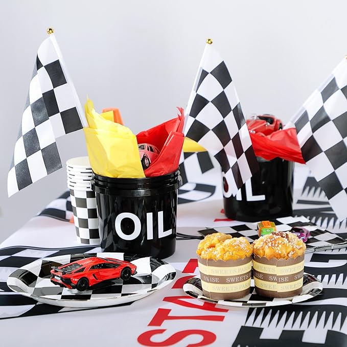 48 Pcs Race Car Party Decorations 6 Sets Racing Table Centerpieces Including 12 Checkered Flags 6 Plastic Drums 6 Oil Stickers 24 Tissue Papers for Race Car Themed Birthday Party Supplies