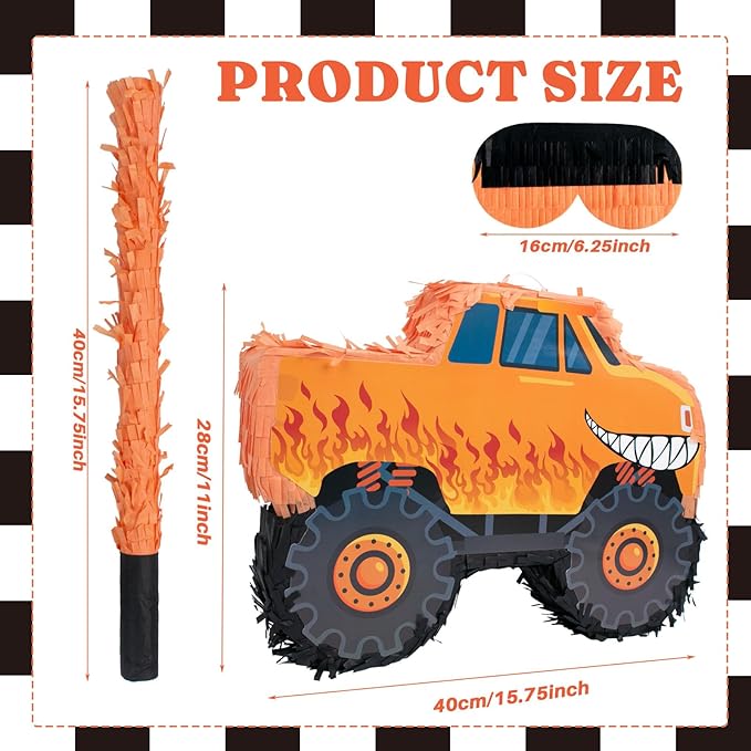 Truck Piñata - Monster Truck Piñata Bundle with Blindfold and Bat for Piñata Theme Party Decoration Supplies Cool Car Piñata for Birthday Party Carnival Celebration Game (15.75*11*2.36 Inch,Small)