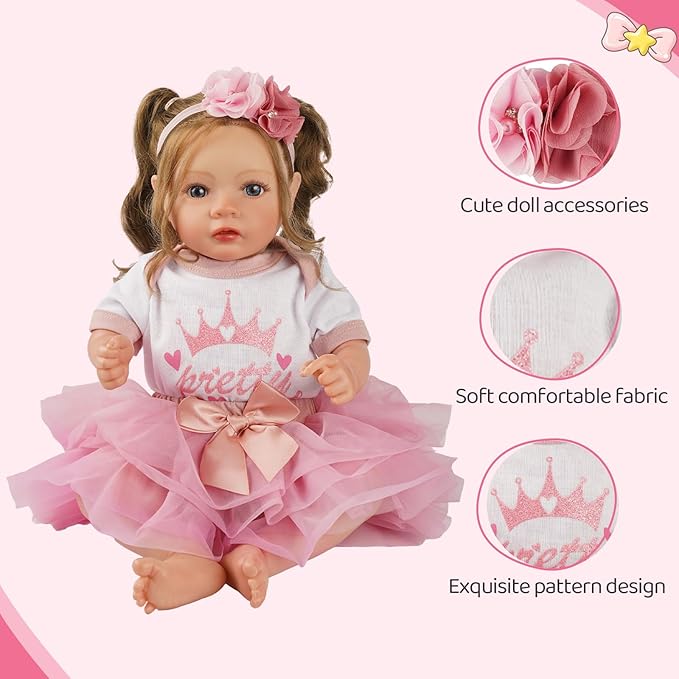 BABESIDE 3 Pcs Reborn Baby Doll Clothes Set for 17-22 Inch Babydolls, Cute Baby Doll Accessories Set with Skirt Headband for Realistic Babydolls Girl, Pink