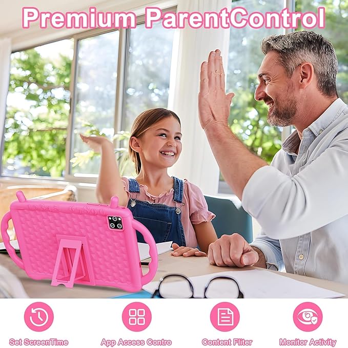 Kids Tablet 10 inch Android 15, Tablet for Kids 3-7 with 10GB RAM 64GB ROM, 512GB Expandsion, with Parental Control, WiFi, 6000mAh，Bluetooth, Dual Camera with Shockproof Case (Pink)