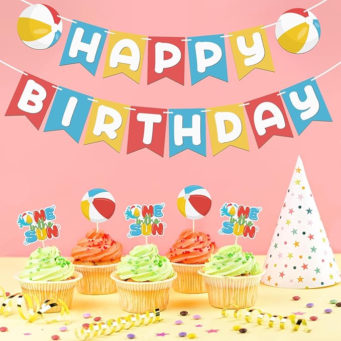 24 Pack One In The Sun 1st Birthday Party Cupcake Toppers, Summer Pool Party Beach Ball Sunshine 1st Birthday Party Decorations (One In The Sun 1st Birthday)
