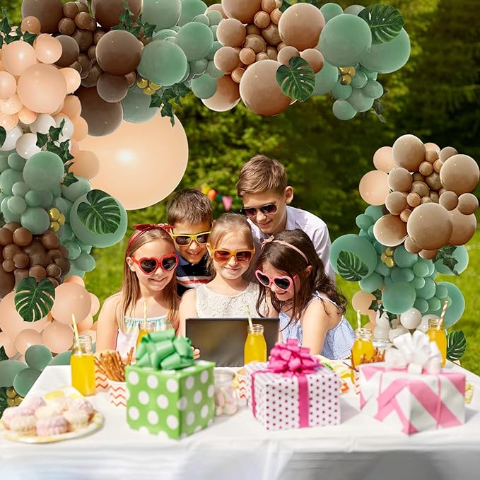 PERPAOL 148PCS Sage Green Brown Balloon Garland Kit, Jungle Safari Woodland Forest Wild One Camper Balloon Arch, Olive Green Gold Coffee Cocoa Balloons for Birthday Wedding Shower Party Decorations