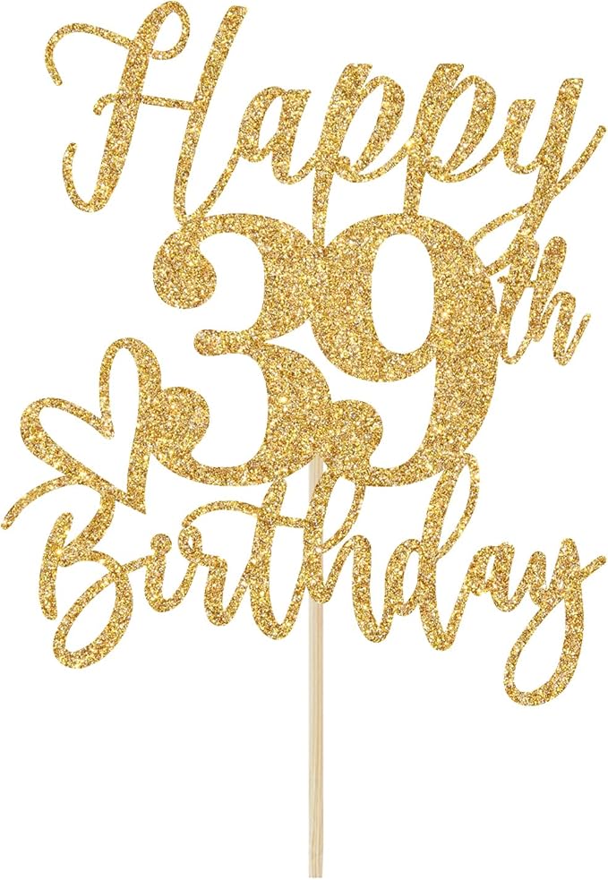 Gold Glitter Happy Birthday Cake Topper, Funny Happy Birthday Party Supplies (happy 39th birthday, Gold Glitter)