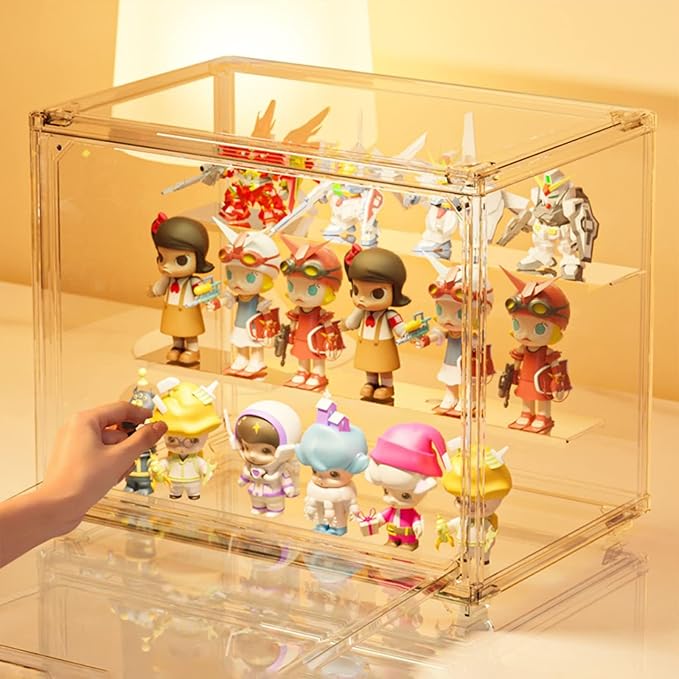 Premium Acrylic Display Case for Figures (10.6" x 7.1" x 8.7") 3 Layer Clear Display Box with Adjustable Dividers & Magnetic Door, Stackable Action Figure Showcase for Funko Pop, Mini Collectibles