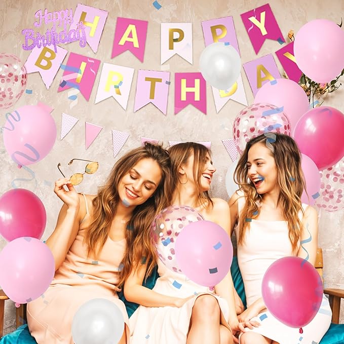 Pink Birthday Decorations, Happy Birthday Party Decorations For Girl Women With Confetti Balloons Hot Pink Pearl White Balloon Fringe Curtain Triangle Flag Banner Cake Topper For Party Supplies