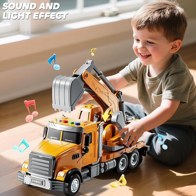 Excavator Toys for Boys Aged 3-5 4-6, Play Excavator with Light and Sound, Toy Truck Construction Vehicles Cars for Kids 2-4 4-7 Years Old, Birthday Gift for Girls Toddlers 1-3