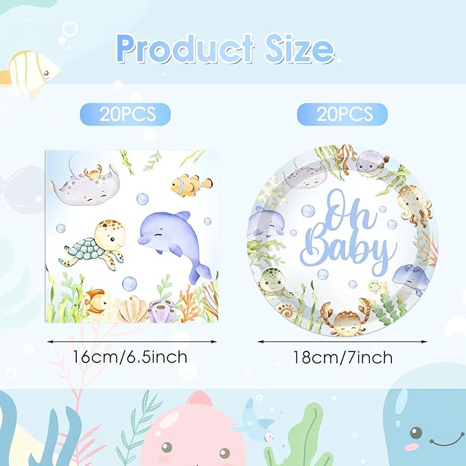 40pcs Under The Sea Baby Shower Decorations Sea Animal Theme Tableware Set Birthday Party Plates and Napkins Ocean Themed Party Decorations Supplies