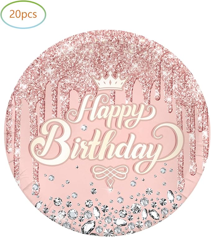 Pink Rose Goldr Birthday Party Supplies, Include 20 Plates and 20 Napkins, Pink Rose Goldr Theme Birthday Party Decorations for Kid Girls Women Glitter Diamond