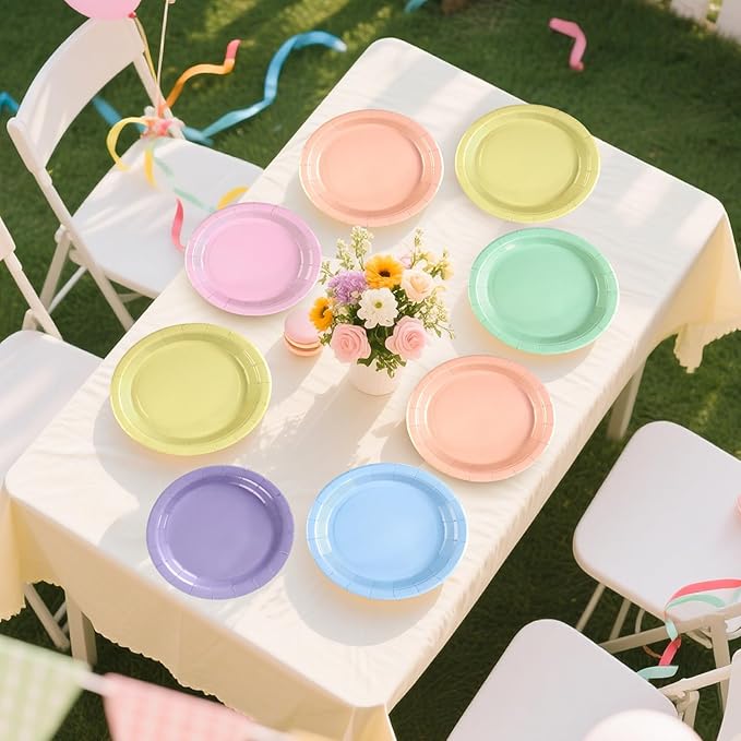 Grencian 60Pcs Pastel Rainbow Party Decorations 9" Pastel Rainbow Plates Disposable Solid Color Paper Dinnerware for Wedding Anniversary Birthday Bridal Baby Shower Summer Ice Cream Party Supplies