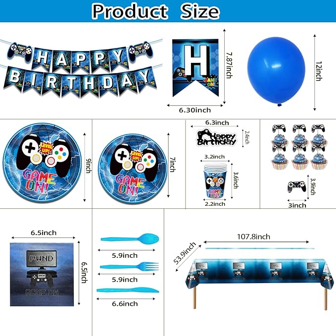 Video Game Party Decorations Game On Birthday Party Supplies Paper Plate, Napkins Cups, Happy Birthday Banner, Cake Toppers, Balloons, Tablecloths for Video Gaming Level Up Party