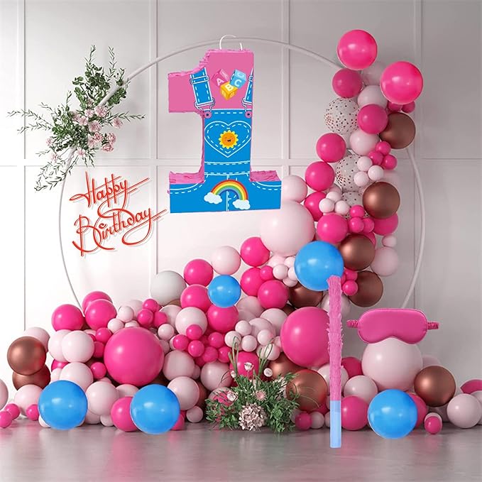 Pink Party Decorations,15.7‘’ Pink Number 1 Pinata with Stick Blindfold Confetti for Girls Boys 1st Anniversary Party Decorations & Supplies(1st)