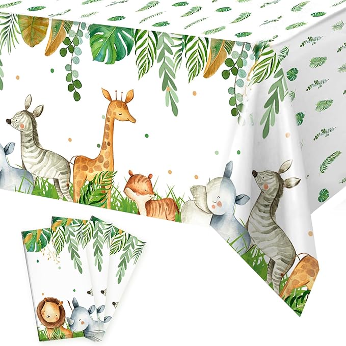Jungle Safari Tablecloths,3Pcs Wild Animal Table Cover for Safari Baby Shower Decorations,Boys and Girl Birthday Party Sage Green Theme Party Supplies