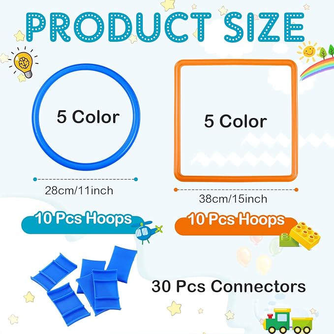 Woanger 2 Sets of Hopscotch Outdoor Squares 20 Pcs Hopscotch Ring Game with 30 Pcs Connectors Outdoor Indoor Obstacle Course for Kids Playground Agility Training(Hoop, Square,11 Inch, 15 Inch)
