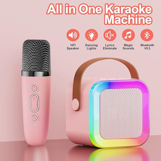 Mini Karaoke Machine for Kids & Girls with 2 Wireless Microphones, Portable Bluetooth Speaker, Christmas Birthday Gift Toy for Boys Toddlers Ages 3, 4, 5, 6, 7, 8, 9, 10, 11, 12+ Years Old (Pink - 2)