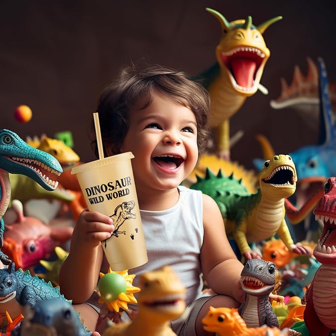 Mifoci 24 Pcs Dinosaur Party Favor 24 oz Plastic Cup with Lids and Straws Set Kids Reusable Dinosaur Cup Decorations for Beverage Birthday Party Dino Supplies (Khaki)
