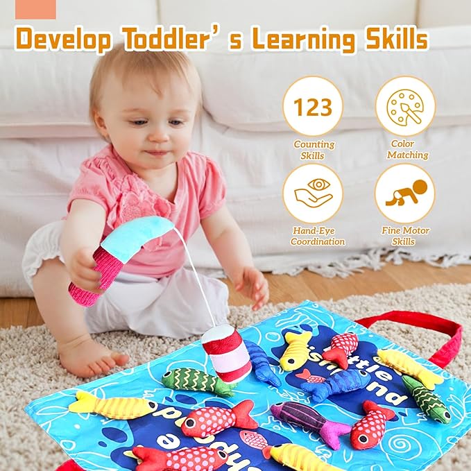 Montessori Toys for 1 Year Old, 22PCS Cloth Fishing Game with Stacking Cups Sensory Baby Toys 6-12 Months,Toddler Education Learning Toys for 1 2 Year Old Boy Girl Gifts (Fish)