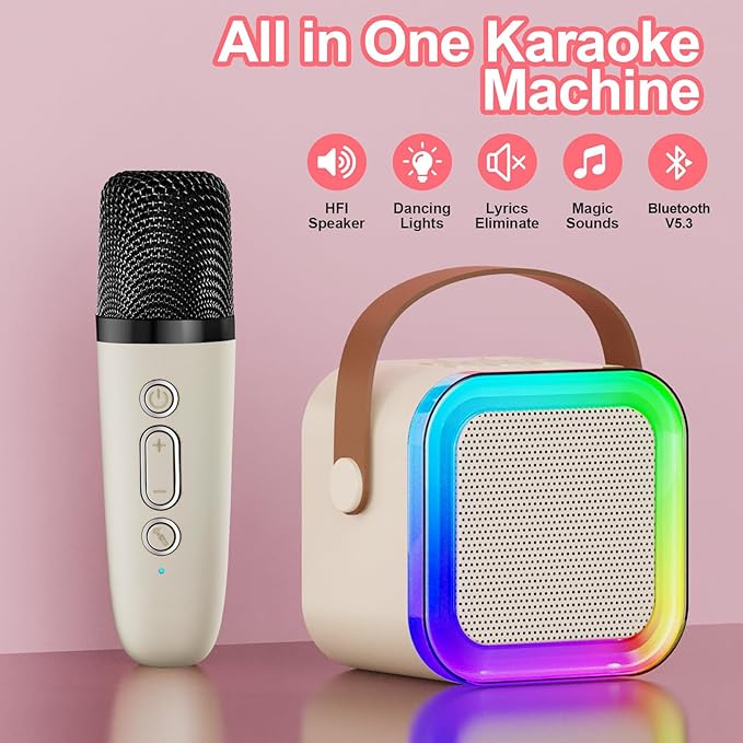 Mini Karaoke Machine for Kids & Girls with 1 Wireless Microphone, Portable Bluetooth Speaker, Christmas Birthday Gift Toy for Boys Toddlers Ages 3, 4, 5, 6, 7, 8, 9, 10, 11, 12+ Years Old (Cream - 1)