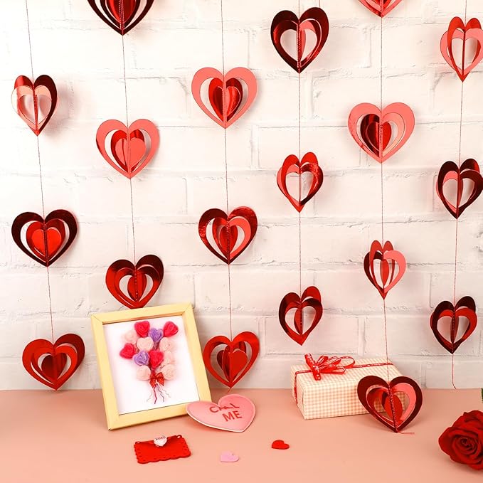 MARFOREVER 41 Ft 3D Red Heart Paper Garland, Pre-Strung 5 Pack Valentines Decorations Heart Shape Banner Valentine Hanging Streamers for Valentine's Day Wedding Engagement Bridal Shower Party Decor