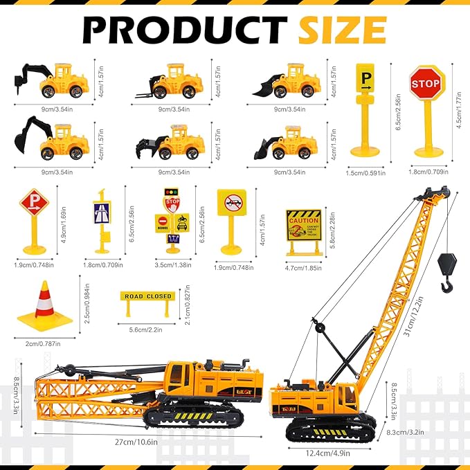 RAYNAG 16 Pieces Construction Cake Topper Construction Birthday Party Supplies Vehicles Cake Decorations with Large Crane, Traffic Road Sign, Excavator