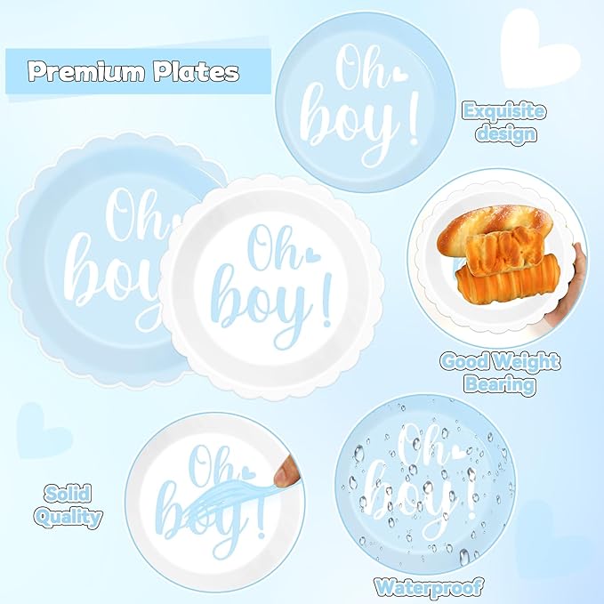 96PCS Oh Boy Baby Shower Decorations Blue Foil Scalloped Paper Plates Napkins Oh Boy Tableware Party Supplies Blue Baby Shower Dinnerware for Gender Reveal Birthday Welcome Party Favors