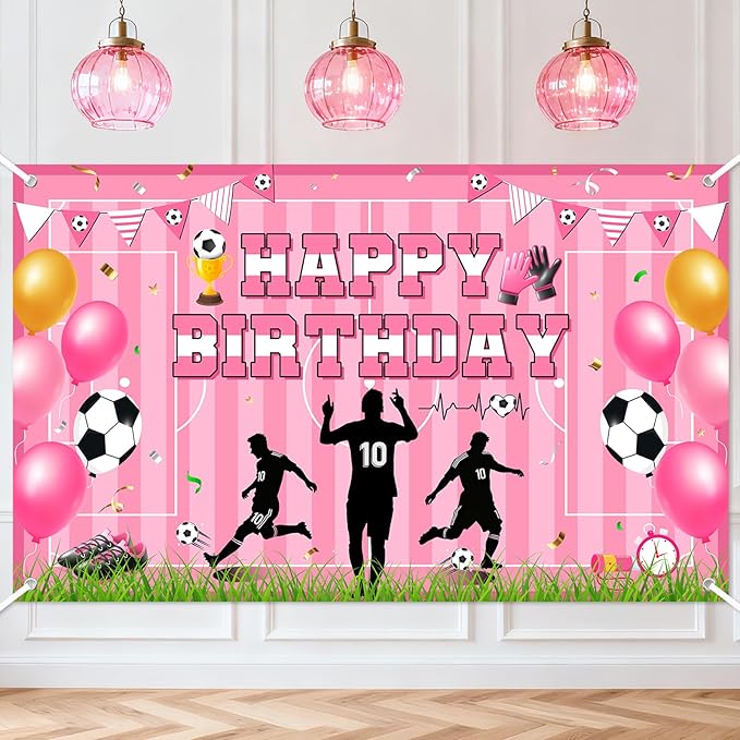 Avezano Scoccer Star Birthday Party Decorations Scoccer Sports Theme Happy Birthday Banner Backdrop Kids Teens Football 10th Birthday Party Celebrations Supplies (Pink, 6x3.6 ft)