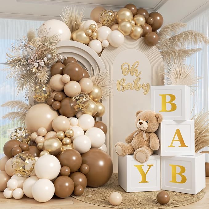 Neutral Baby Shower Decorations, Brown and Gold Balloon Arch Kit With Balloon Boxes Gold Letter for Neutral Bear Baby Shower Boho Gender Reveal Birthday Party Decorations Supplies