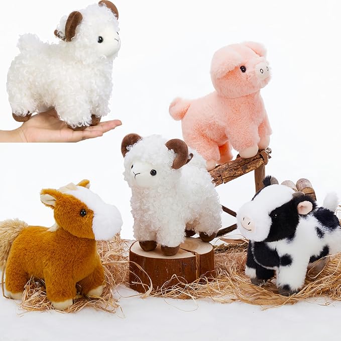 MaoGoLan 4 Pack Farm Stuffed Animals Bulk Easter Party Favors for Kids, 8 inch Plush Cow & Sheep & Pig & Horse Toy Gifts for Toddlers Teen Girls Easter Decor Basket Stuffers