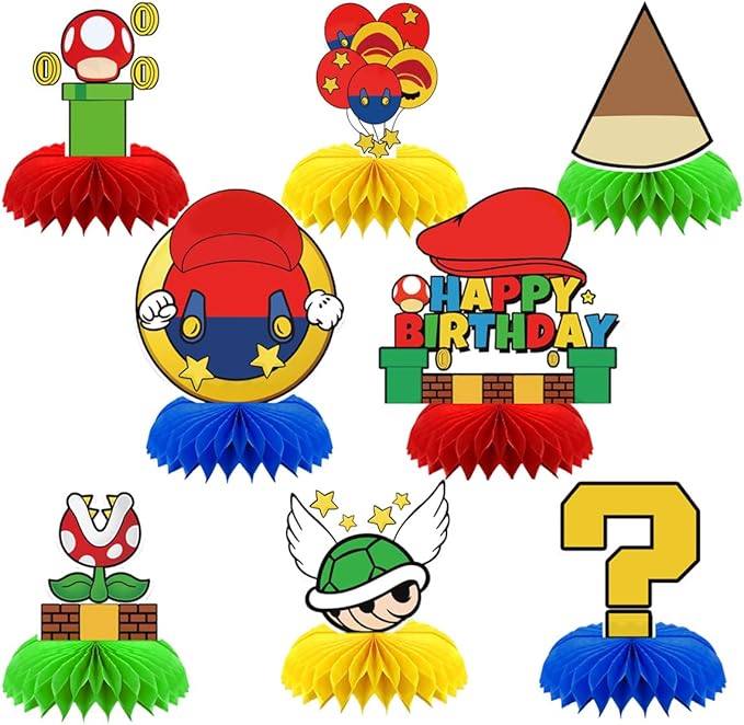 8Pcs Super Brother Birthday Party Supplies,Super Brother Honeycomb Centerpieces,Super Brother Theme 3D Table Decorations