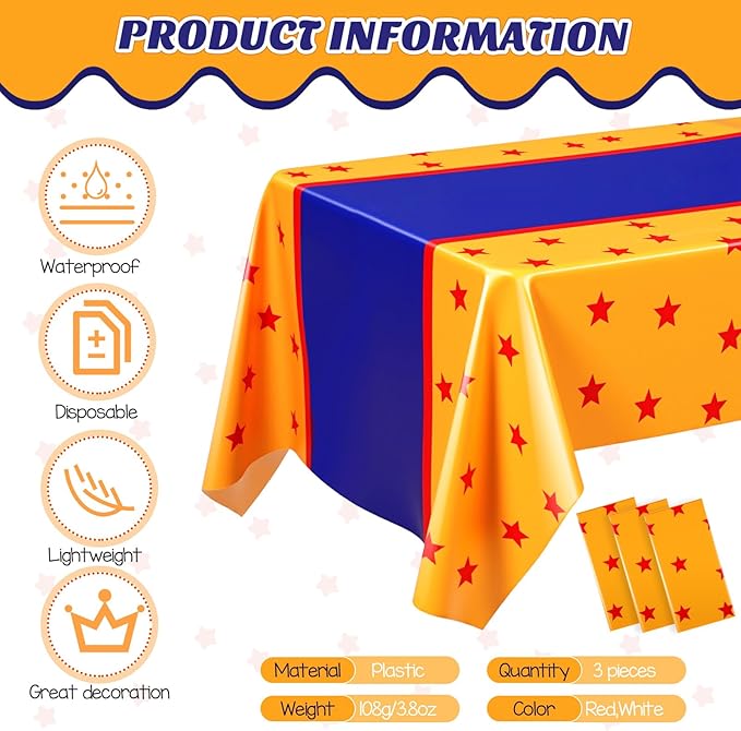Oudain 3 Pcs Anime Theme Tablecloth 108 x 54 Inches Cartoon Table Covers Yellow Blue and Red Stars Print Table Cloth for Birthday Party Decoration