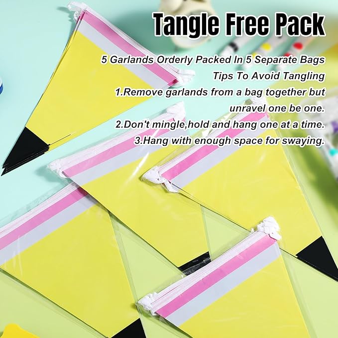 Tiamon 5 Pcs Pencil Pennant Banner Flags 10 Feet Back to School Pencil Decorations First Day of School Decorations Paper Garland Triangle Flags for Classroom Ceiling Teacher Office Hanging Decor