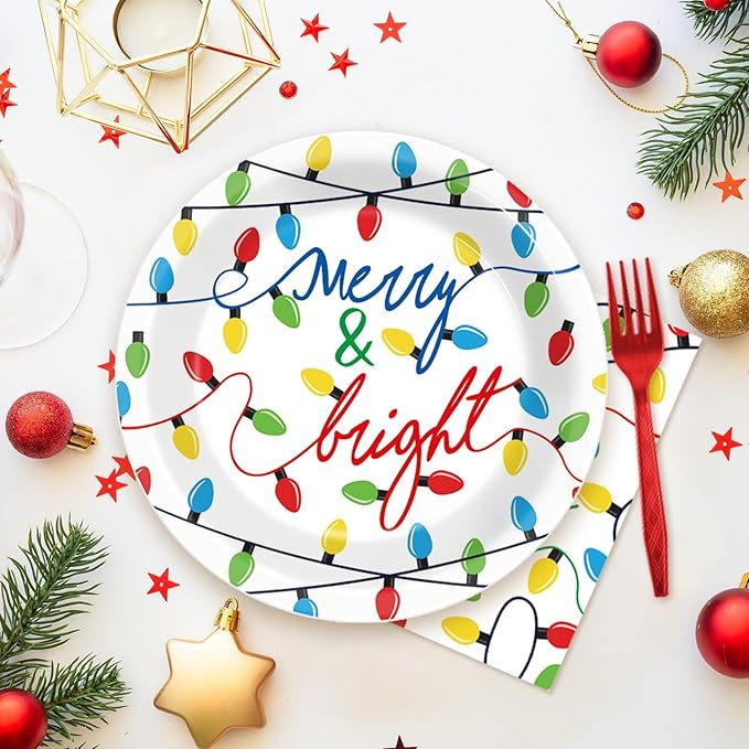 96PCS Merry Christmas Party Tableware Set Christmas Lights Party Supplies Merry and Bright Disposable Dinnerware Plates Napkins Forks with Holiday String Lights for Christmas Birthday Party Favors