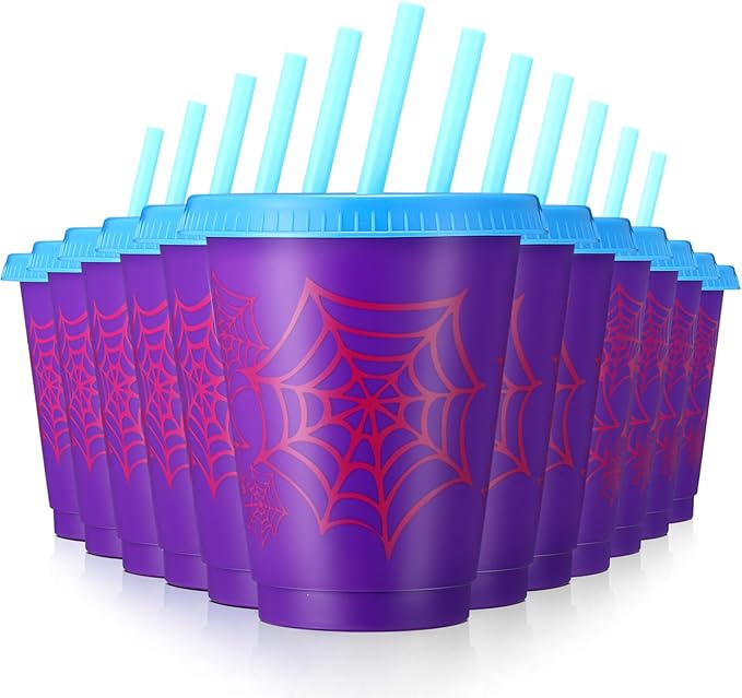 12 Pcs 16 oz Spider Cups Bulk, Spider Birthday Party Favors Cups with Lids and Straws, Plastic Cup for Birthday Party Decorations Celebration Birthdayy Partty Favor Supplies for Friends