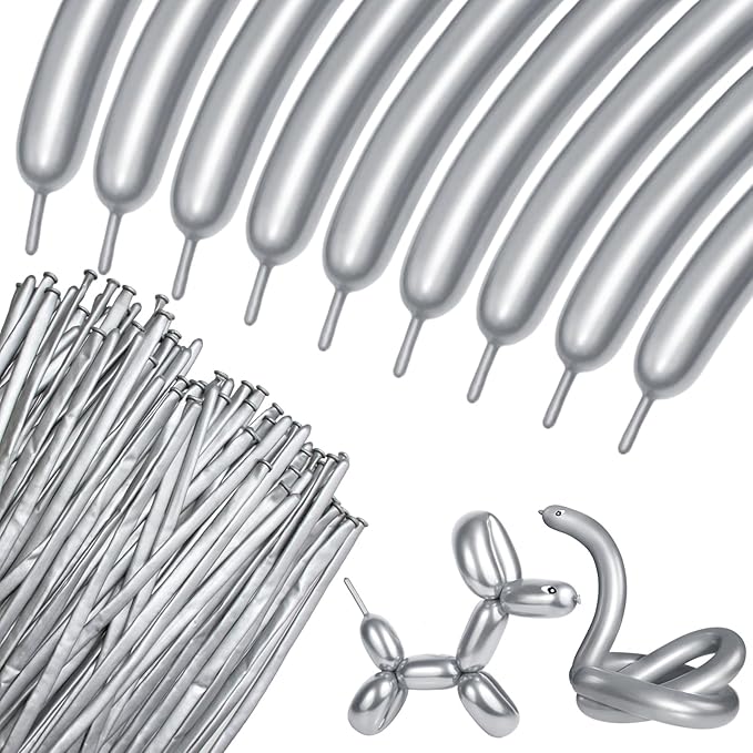 100Pcs 260 Balloons Metallic Silver Long Balloons for balloon animals, silver Skinny Latex Twisting Balloon for Animals Modeling Christmas Birthday Wedding Party Decorations.(Sliver)
