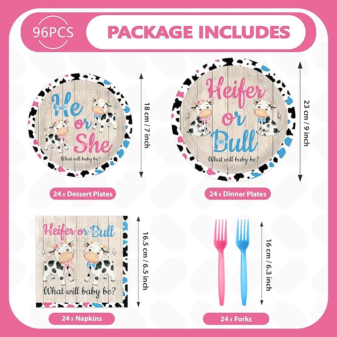 96Pcs Cow Gender Reveal Decorations Pink Blue He Or She Plates and Napkins Disposable Heifer or Bull Holy Cow Paper Tableware for Baby Boy or Girl Cowgirl Cowboy Gender Reveal Party Supplies Serves 24