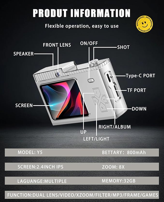 Kids Selfie Camera,8X Digital Zoom,40MP HD 1080P Video,with 32GB TF Card,Lanyard,USB-C Charging,Safe Durable Kids Digital Camera,Christmas Birthday Toy Gifts
