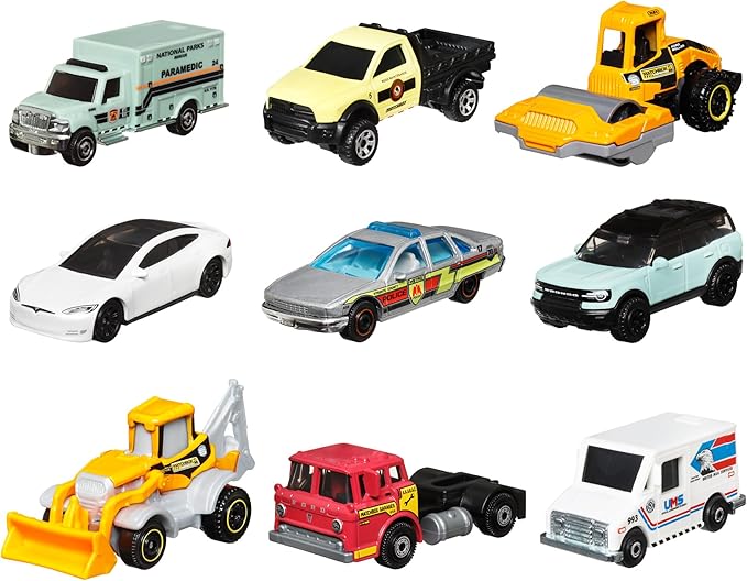 Matchbox 9-Pack Die-Cast 1:64 Scale Toy Cars, Construction or Garbage Trucks, Rescue Vehicles or Planes (Styles May Vary)
