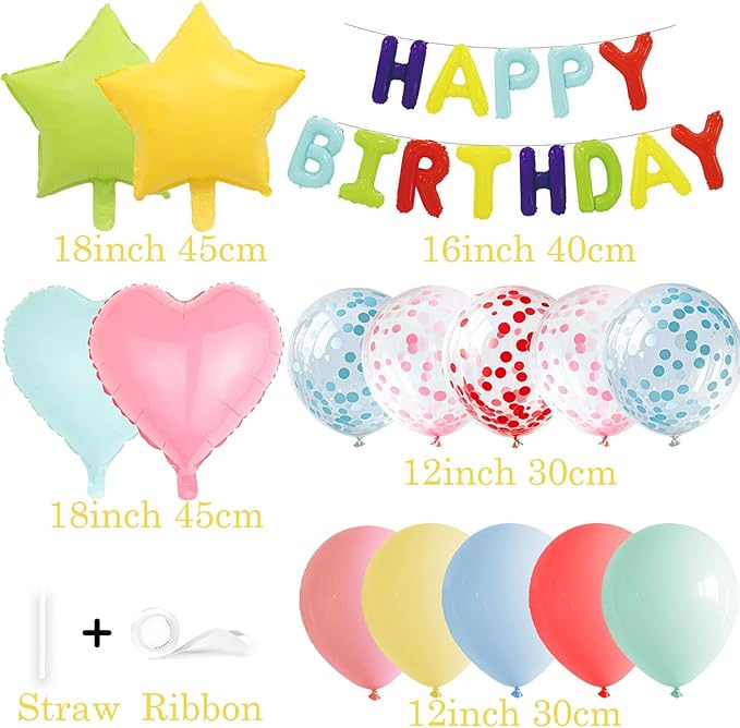 27 Pcs Macaron Birthday Decorations, 3D Letters Macaron Happy Birthday Balloon Banner, Pentagram Heart Foil Balloons Confetti Balloons Kit For Boys Girls Birthday Party Supplies