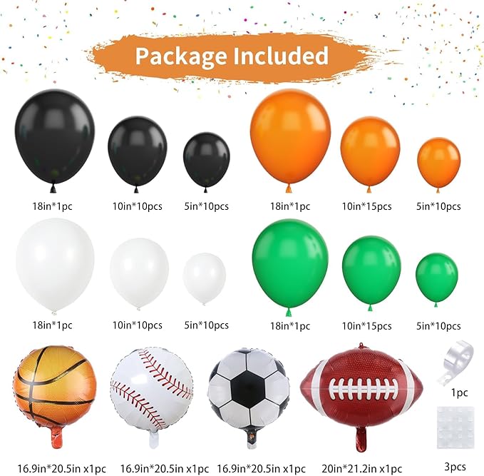 Sport Balloons Arch Garland,Ball Theme Balloon Garland Kit White Green Black Orange Balloons Ball Foil Balloons for Sports Theme Party Games Garden Theme Party Celebration Party